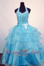 Custom Made Ball Gown Halter Top Beading Little Girl Pageant Dresses Light Blue Orangza  Pageant Dresses