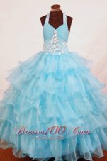 Halter Top Aqua Blue Organza Appliques Little Girl Pageant Dresses  Pageant Dresses
