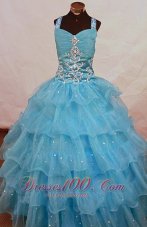 Romantic Straps Floor-length Aqua Blue Organza Beading Little Girl Pageant Dresses  Pageant Dresses