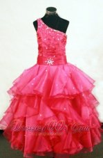Beading Lovely One Shoulder Floor-Length One Shoulder Coral Red Ball Gown Little Girl Pageant Dresses  Pageant Dresses