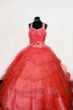 Beading and Appliques Luxurious Straps Ball Gown Off The Shoulder Neckline Floor-Length Red Little Girl Pageant Dresses  Pageant Dresses