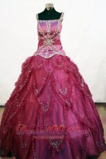 Beading Square Elegant Tulle Ball Gown Little Girl Pageant Dresses Floor-length Fuchsia  Pageant Dresses