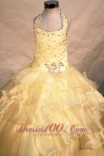 Exquisite Beading Ball gown Halter Organza Yellow Floor-length Little Girl Pageant Dresses  Pageant Dresses