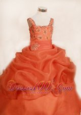 Appliques Cut Ball Gown Straps Floor-length Organza Orange Little Girl Pageant Dresses