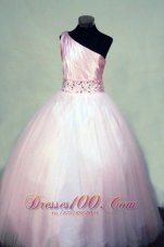 Beading Perfect Ball gown Tulle One Shoulder Floor-length Pink Little Girl Pageant Dresses  Pageant Dresses