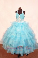 Organza Exquisite Halter Layer Ball gown Floor-length Aqua Beading Little Girl Pageant Dresses  Pageant Dresses
