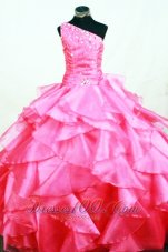 Ruffles Romantic Ball gown Hot Pink Organza One Shoulder Beading Floor-length Little Girl Pageant Dresses  Pageant Dresses