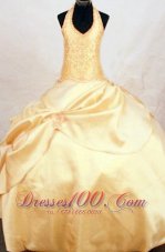 Beautiful Ball gown Halter Floor-length Taffeta Gold Beading Little Girl Pageant Dresses  Pageant Dresses