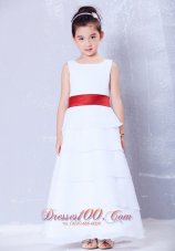 Cheap Custom Made White and Red A-line Scoop Sash Flower Girl Dress Ankle-length Chiffon