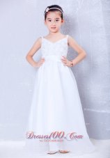 Cheap Custom Made White A-line V-neck Beading Flower Girl Dress Floor-length Taffeta and Organza