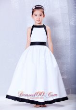 Cheap Luxurious White and Black A-line Square Bow Flower Girl Dress Ankle-length Taffeta