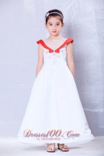 Cheap White and Red A-line Scoop Ankle-length Satin and Organza Embroidery Flower Girl Dress