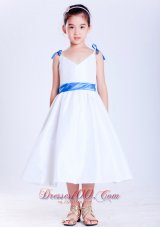 Cheap Customize White and Blue A-line V-neck Bows Flower Girl Dress Tea-length Taffeta