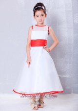 Cheap Customize White and Red A-line Scoop Flower Girl Dress Ankle-length Organza