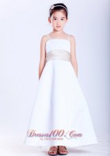 Cheap Lovely White A-line Straps Beading Flower Girl Dress Ankle-length Satin