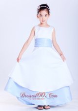 Cheap Customize White and Light Blue A-line Scoop Sash Flower Girl Dress Ankle-length Taffeta