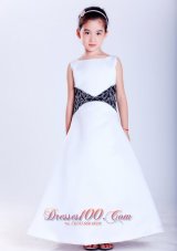 Cheap Beautiful White and Black A-line Scoop Embroidery Flower Girl Dress Ankle-length Satin