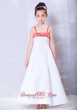 Cheap Lovely White and Red A-line Spaghetti Straps Embroidery Flower Girl Dress Ankle-length Satin