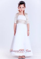 Cheap Simple White A-line Strapless Beading Flower Girl Dress Ankle-length Satin