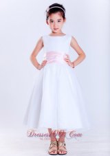 Cheap White and Pink A-line Scoop Tea-length Taffeta and Organza Hand Made Flower Flower Girl Dress