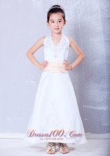 Cheap Sweet White A-line Halter Embroidery Flower Girl Dress Ankle-length Satin