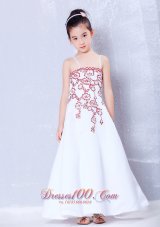 Cheap Beautiful White A-line Straps Embroidery Flower Girl Dress Ankle-length Satin