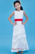 Cheap White Column Scoop Flower Girl Dress Ankle-length Taffeta Belt