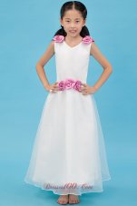 Cheap White A-line V-neck Ankle-length Organza Hand Made Flowers Flower Girl Dress