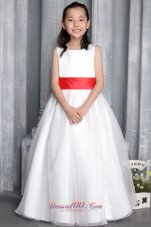 Cheap White A-line / Princess Scoop Floor-length Organza Belt Flower Girl Dress