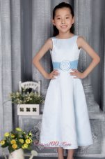 Cheap Light Blue A-line / Princess Scoop Tea-length Satin Belt Flower Girl Dress