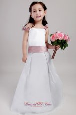 Cheap White A-line Straps Floor-length Taffeta and Organza Hand Made Flowers Flower Girl Dress