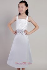Cheap White and Lilac A-line Straps Tea-length Taffeta Bow Flower Girl Dress