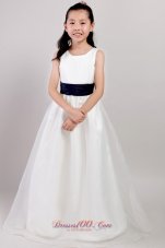 Cheap White A-line Scoop Floor-length Organza Belt Little Girl Dress