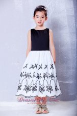 Pretty Glamorous White and Black A-line Scoop Embroidery Flower Girl Dress Tea-length Taffeta and Organza