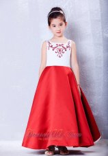 Pretty Custom Made White and Red A-line Scoop Embroidery Flower Girl Dress Ankle-length Taffeta