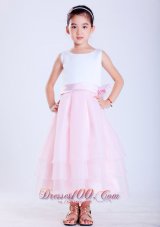 Pretty Popular White and Pink A-line Scoop Hand Made Flower Flower Girl Dress Ankle-length Taffeta
