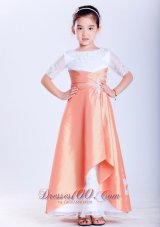Pretty Elegant White and Orange A-line Scoop Appliques Flower Girl Dress Ankle-length Taffeta and Organza