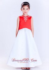 Pretty Low Price White and Red A-line V-neck Ankle-length Satin Bow Embroidery Flower Girl Dress