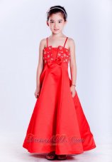 Pretty Customize Red A-line Straps Beading Flower Girl Dress Ankle-length Taffeta