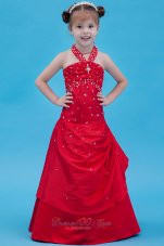 Pretty Red A-line Halter Flower Girl Dress Taffeta Beading Floor-length