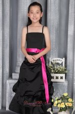 Pretty Black A-line / Princess Straps Floor-length Satin Belt Flower Girl Dress