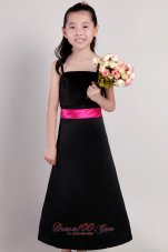 Pretty Black A-line Straps Ankle-length Taffeta Sash Flower Girl Dress