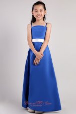 Pretty Blue A-line Straps Ankle-length Satin Belt Little Girl Dress