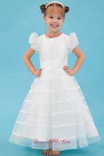 White A-line Scoop Ankle-length Organza Belt Flower Girl Dress