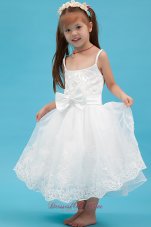 White A-line Straps Flower Girl Dress Ankle-length Organza Sash