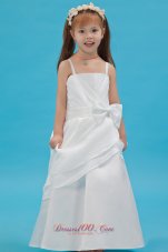 White A-line Straps Flower Girl Dress Taffeta Sash Floor-length