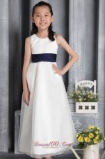 White Column / Sheath Scoop Ankle-length Organza Bow Flower Girl Dress