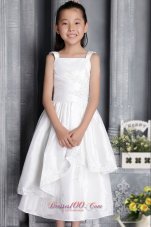 White Column / Sheath Square Tea-length Taffeta Appliques Flower Girl Dress