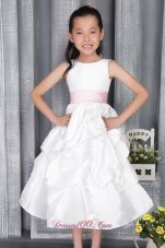 White A-line / Princess Scoop Ankle-length Taffeta Belt Flower Girl Dress
