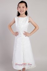 White A-line Scoop Tea-length Taffeta and Organza Appliques Flower Girl Dress
